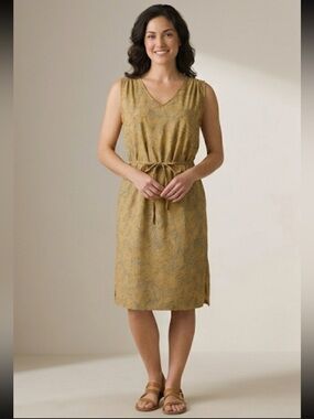 Prana Mustard Yellow Printed Sleeveless Drawstring Dress
